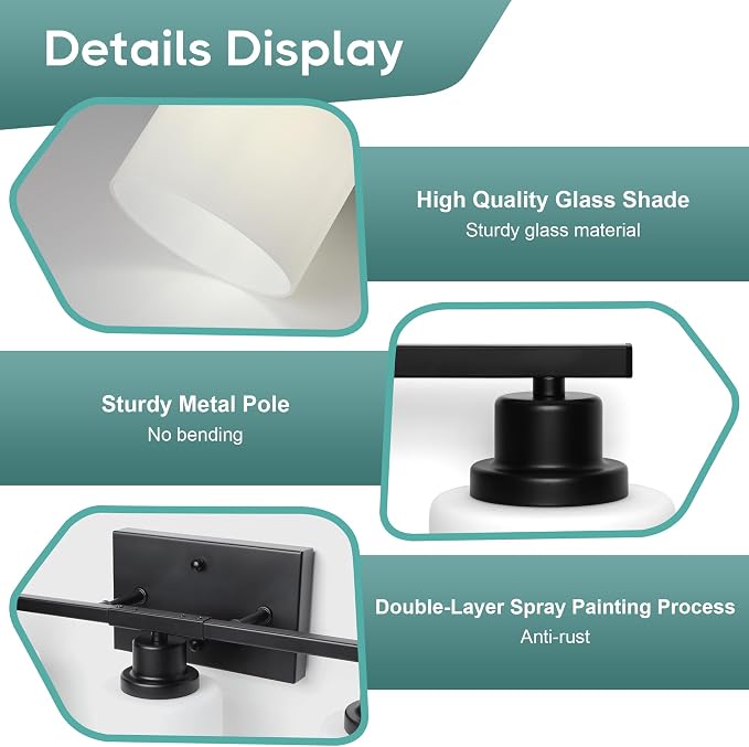 Ascher Bathroom Light Fixtures, 5-Light Vanity Light Over Mirror, Matte Black Wall Sconces with Milky White Frosted Glass Shades, Wall Lamp for Living Room Bedroom, E26 Base(Bulbs Not Included)