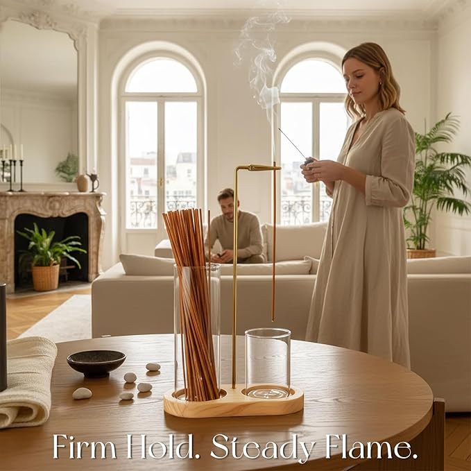 2-in-1 Incense Stick Holder with Glass Ash Catcher, Dual Glass Cups & Metal Clip, Minimalist 8-Shaped Wooden Base, Home Decor Gift (Dark Base)