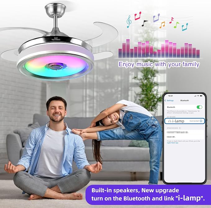 BAYSQUIRREL Retractable Bluetooth Ceiling Fan with Light and Speaker, Flush Mount Ceiling Fans,RGB-LED 6 Speed Reversible Modern Invisible Ceiling Fans,Remote and APP Control