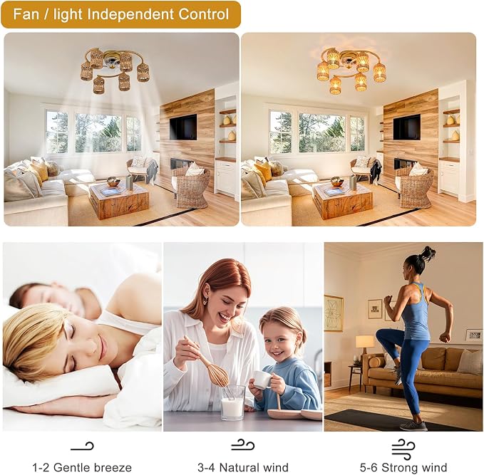 Qcyuui Rattan Boho Ceiling Fan with Light,26.4'' Ceiling Fans with Lights and Remote Low Profile Ceiling Fan with Light with Reversible 6 Speeds for Kitchen Living Room Bedroom,E26 Base (Gold)