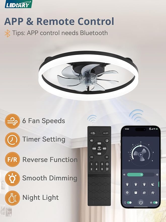 LEDIARY Ceiling Fans with Lights, 20 inch Low Profile Flush Mount Ceiling Fan, Dimmable LED, APP & Remote Control, Quiet Reversible DC Motor, 6 Speeds, Fandelier for Bedroom, Black