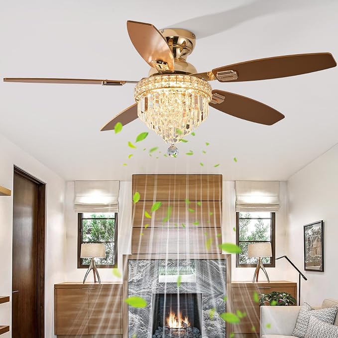 Crystal Ceiling Fan Fandelier with Lights-Ceiling Fans with Lights,50" Low Profile and Remote Control, Flush Mount, Reversible, Dimmable, Noiseless,Ceiling Fan for Bedroom（Gold）