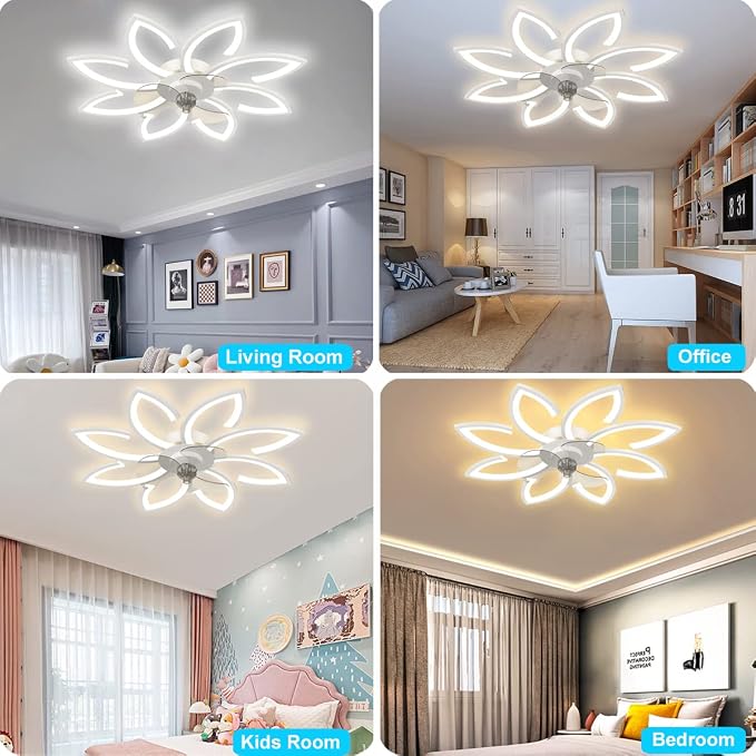 Ceiling Fan with Lights, 35'' Bladeless, Low Profile, Flush Mount, 3 Color Dimmable LED, 6 Speeds, Remote & APP Control, Modern Design - White, for Living Room, Bedroom, Kids Room