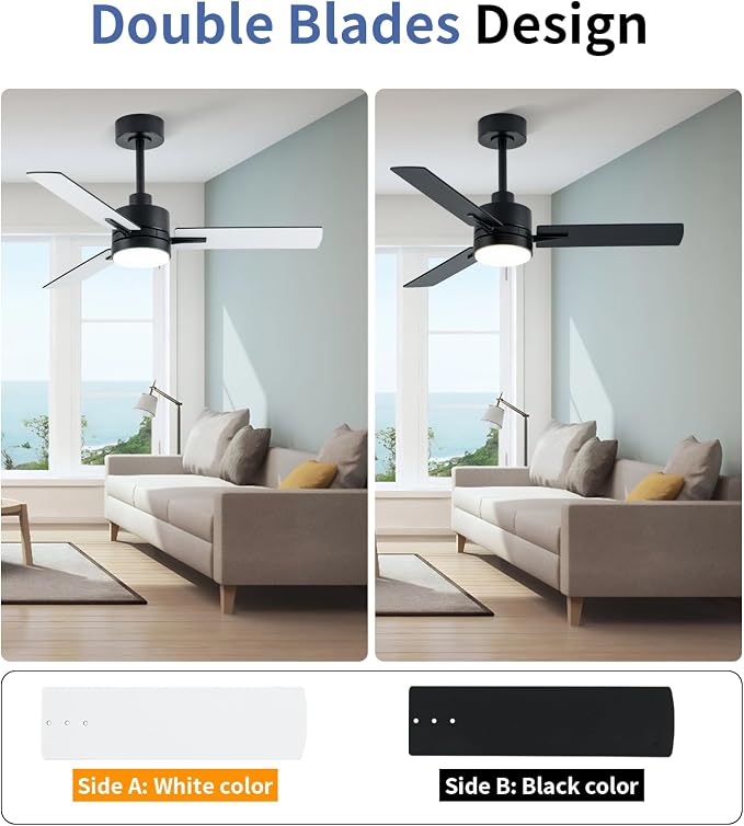 LANMEL 42 Inch Metal Ceiling Fan with Light, Modern Flush Mount Low Profile with Remote Control, Reversible, 3cct Dimmable, Quiet, Black LED for Bedroom, Living Room, Indoor/Outdoor Patio Use