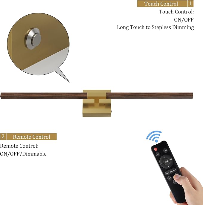 Rayogale Gold & Walnut Wireless Wall Sconce with Remote Control, 24 Inch | 3000/4500/6000K Dimmable 8000mAh Rechargeable Battery Wall Sconces Set of Two with Timer for Living Room, Bedroom