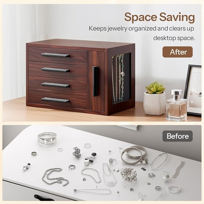 HOOBRO Jewelry Box for Women, Wooden Jewelry Organizer with Transparent Window, 4-Layer Jewelry Organizer Box, Jewelry Holder Organizer for Earrings, Necklaces, Rings, Dark Walnut and Black BRT09JB04