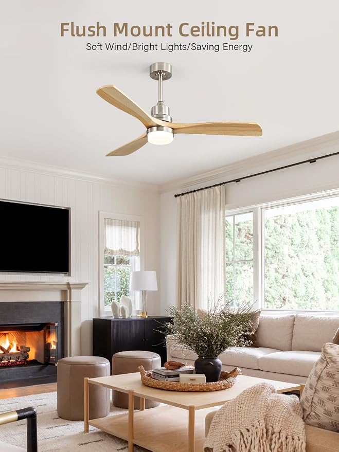 Sofucor 52 Inch Smart Ceiling Fans with Lights and Alexa/APP/Remote Control-Modern Outdoor 3 Solid Wood Blades Ceiling Fan for Bedroom Living Room Patio, Sandy Nickel&Natural Wood