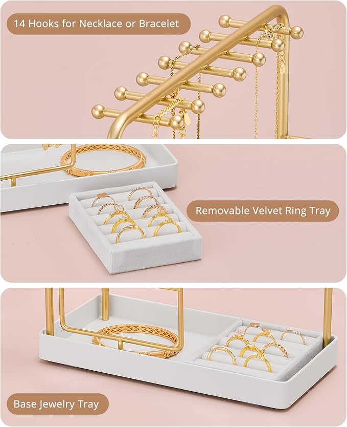 ProCase Jewelry Stand Holder Organizer and Storage, Gold (No-Assembly) | Rotating Earring Bracelet Holder Storage, Hanging Jewelry Display Velvet Ring Tray, Teen Girls Birthday Gifts Room Dorm Decor