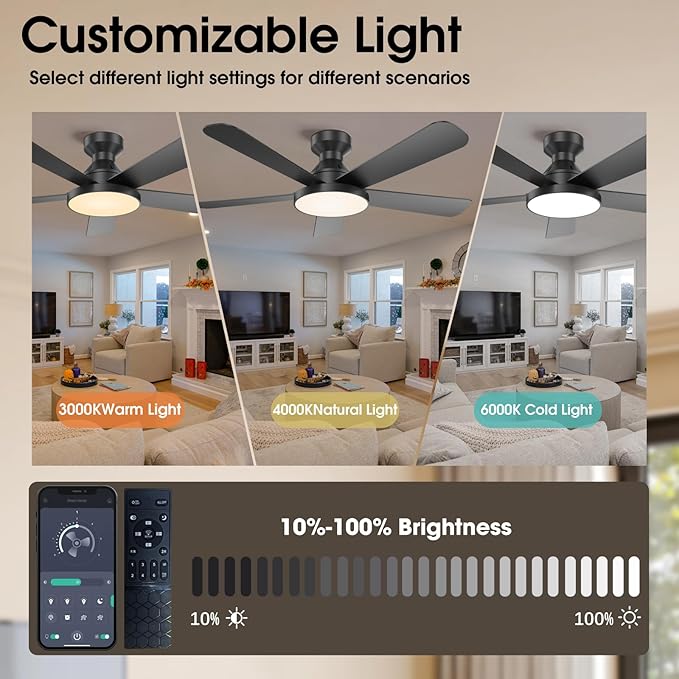 Ceiling Fans with Lights, 46" Low Profile Ceiling Fan with Light, Remote/App Control, Flush Mount Black Ceiling Fan for Bedroom, Indoor/Outdoor