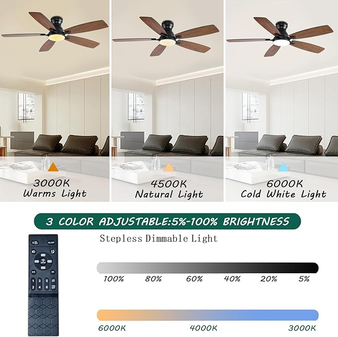 NKPU Ceiling Fans with Lights, Low Profile Ceiling Fan with Light and Remote/APP Control, DC Motor, Noiseless, Flush Mount, 52inch Brown Ceiling Fan for Bedroom Indoor/Outdoor Use