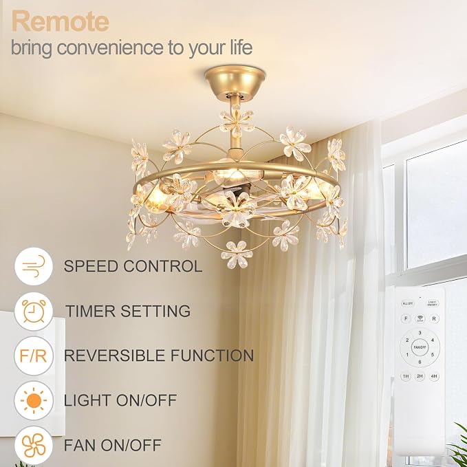 Depuley Bedroom Ceiling Fan with Lights: 20" Gold Chandelier Small Fan with Remote Control - Modern Flower Fandelier for Girl's Bedroom Living Room Kitchen