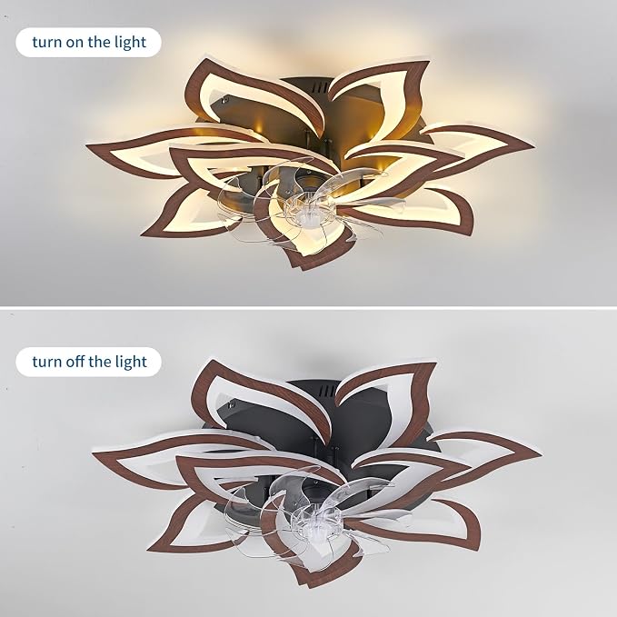 32inch Flower Modern Ceiling Fans with Lights, Low Profile Ceiling Fan with Remote for Bedroom, Flush Mount Ceiling Fan with LED Dimmable Light,6-Speeds, Timing CeilingFan Light-Walnutcolor