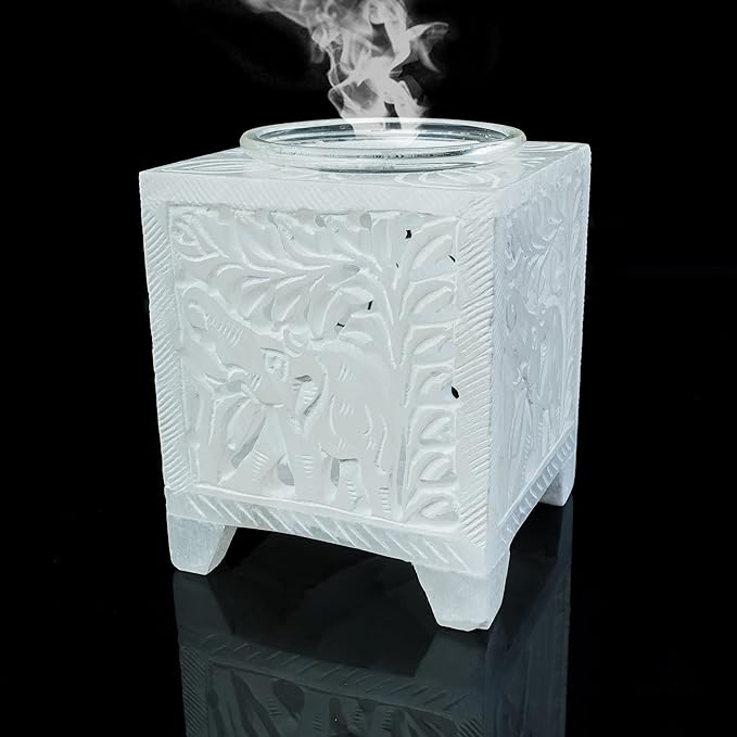 Crocon Marble Bakhoor Burner Incense Burner for Fragrance & Healing Square Charcoal Bakhoor Burner Handmade White Marble & Glass Bakhoor for Home & Living Room Office Decor Size: 2.9X2.9X3.5 Inch