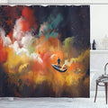 Ambesonne Fantasy Shower Curtain, Man on a Boat Floating Within Nebula Cloud in Vivid Colorful Psychedelic Background, Cloth Fabric Bathroom Decor Set with Hooks, 69" W x 84" L, Night Blue