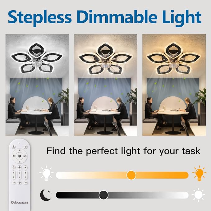 Dalouguan 21-Inch Ceiling Fan with Lights and Remote Control, Black Geometric, 6 Wind Speeds, 3 Light Color, Low Profile, Flush Mount, for Kitchen, Bedroom, Living Room