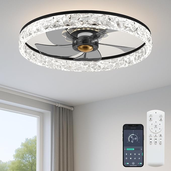 FSZDORJ 20'' Ceiling Fan with Light and Remote, Low Profile Ceiling Fan with Light, Dimmable Flush Mount Ceiling Fan Light, 6 Speeds Fan, App&Remote Control, Fandelier Quiet Fan for Bedroom F098 Black