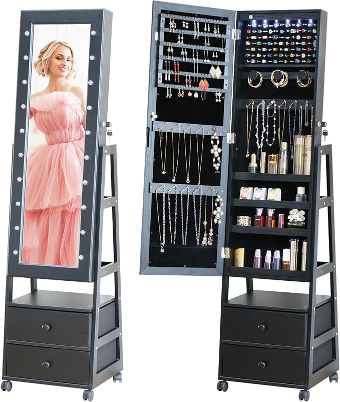 Jewelry Armoire Cabinet Organizer Standing with 20 LED Lights Lockable Full Length Mirror with Storage Shelves and 2 Drawers (Black) Adjustable Tilt Angles Gift for Her