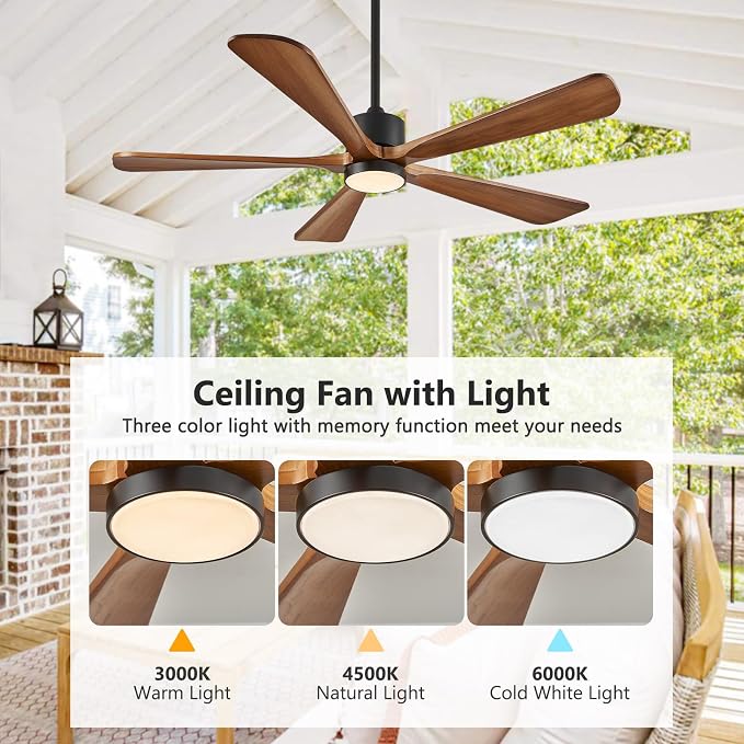 5 Blade Ceiling Fans with Lights, 60 inch Outdoor Ceiling Fans with Remote Control for Patio Bedroom, 5 Solid Wood Blades 6-Speed Reversible DC Motor(Walnut)