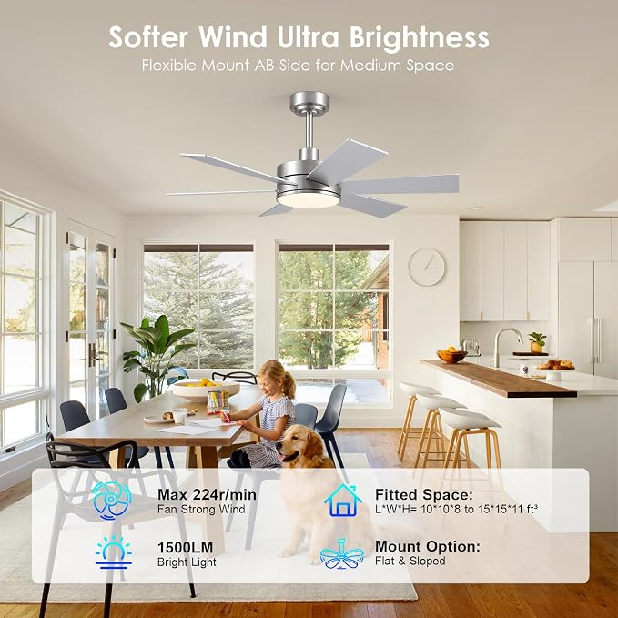 42 inch Ceiling Fans with Lights, Ceiling Fan with Remote APP, Dual-Sided Modern/Rustic 6 Blades, Reversible, 3CCT, Sloped Flush Mount Low Profile Ceiling Fan with Lights Bedroom Kitchen Indoor Nickel