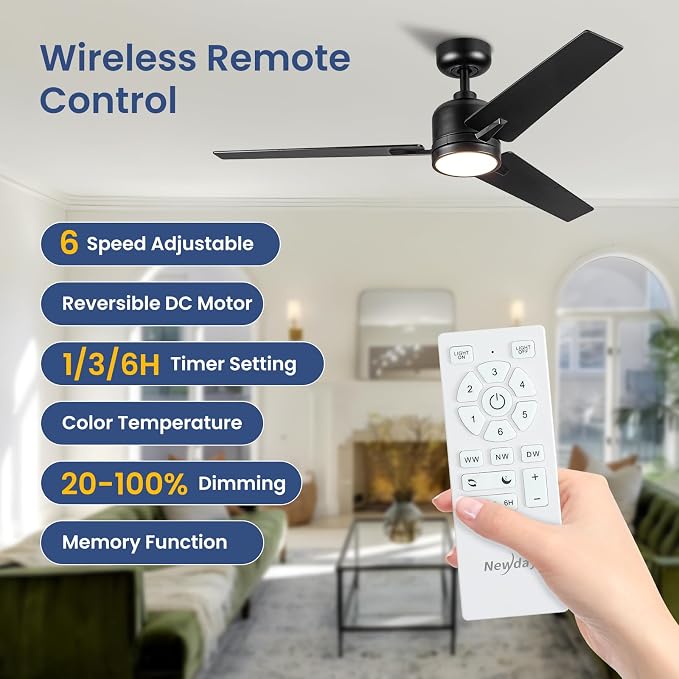 Newday 48 Inch Ceiling Fans with Lights Remote, Black Ceiling Fans Dimmable 3 Color Temperature, Timer, 3 Blades, 6 Speed Modern Fan Quiet Reversible DC Motor for Indoor or Covered Outdoor