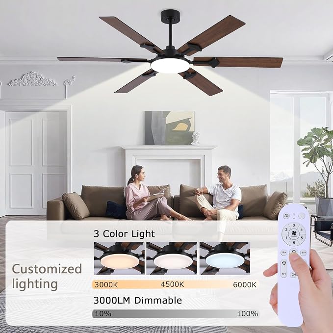 NKPU 66 Inch Brown Ceiling Fan with Lights, Modern Large Ceiling Fan with Remote & APP Control, Reversible DC Motor, 6 Double-Sided Blades, 6 Speeds, Silent, Timer, for Living Room Indoor & Outdoor