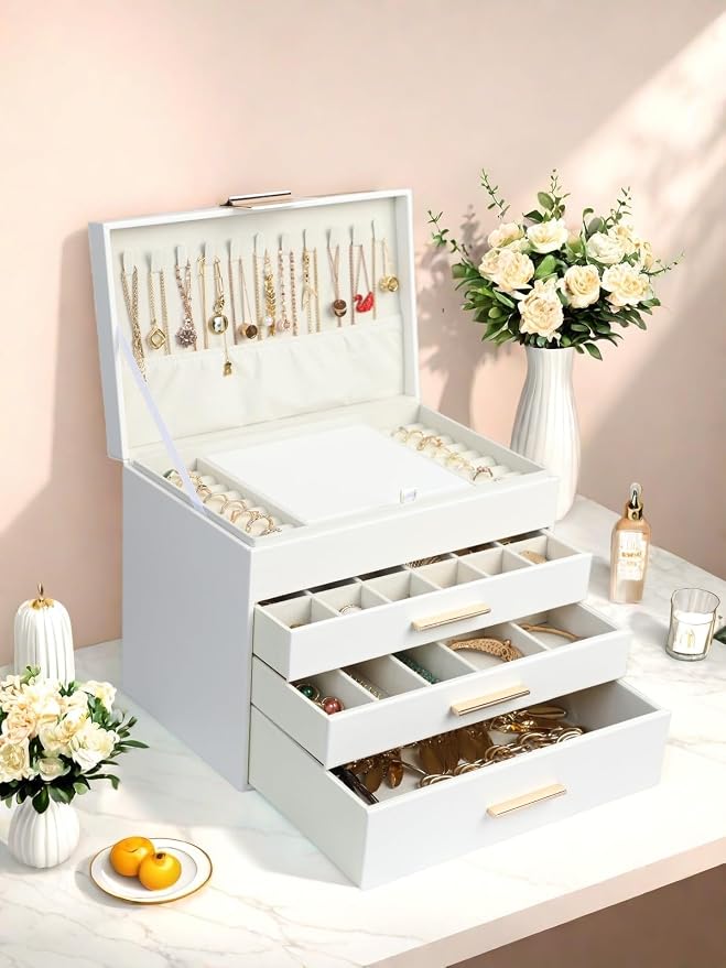 BOOVO Jewelry Boxes for Women, White and Black 6 Layer Large Jewelry Box for Necklace, Bracelet, Earrings, Rings Storage, Jewelry holder Organizer for Girls Gift (White, 5 Layer)