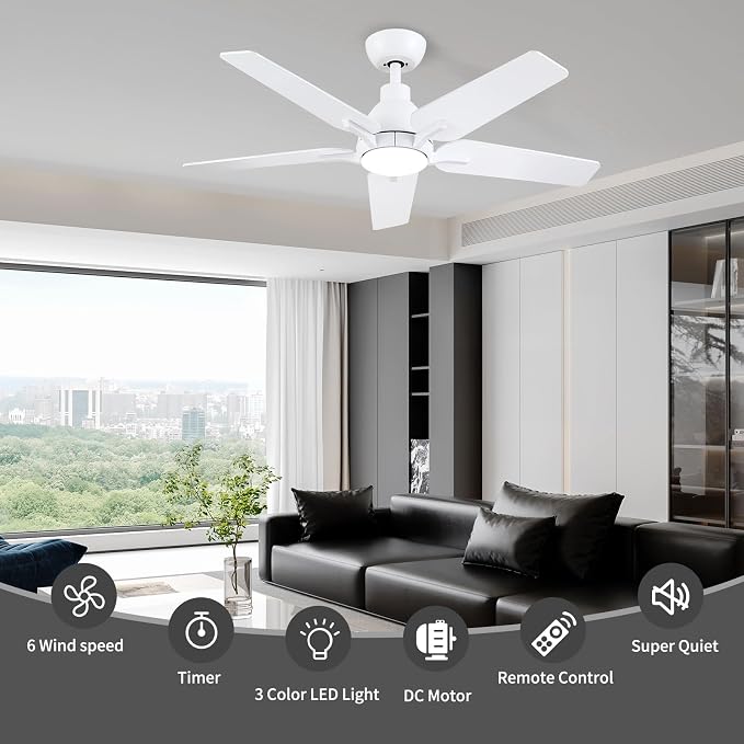 42 Inch Ceiling Fans with Lights and Remote, White Ceiling Fan, 5 Blade Modern Ceiling Fan for Bedroom, Living Room, Dining Room, Patio, Dimmable 6 Speeds DC Quiet