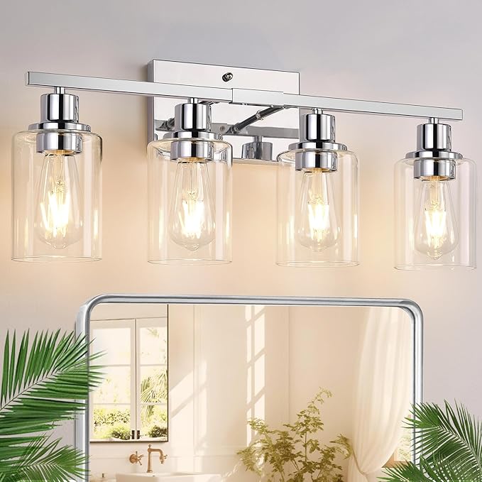 Indoi 4-Light Bathroom Light Fixtures, Chrome Modern Vanity Lights with Clear Glass Shades, Bathroom Wall Lamp for Mirror Living Room Cabinet Bedroom Porch