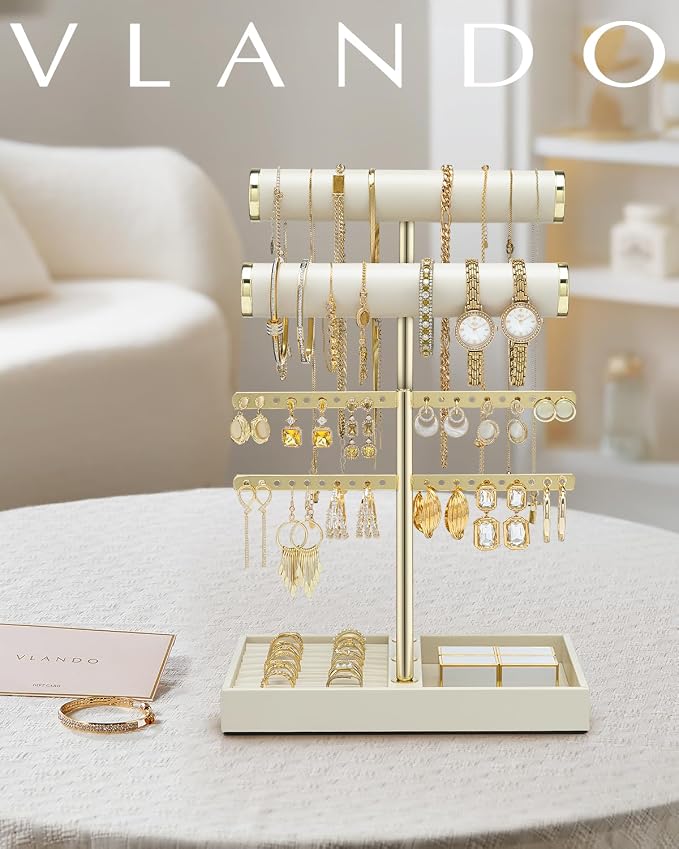 VLANDO 3 Tier Bracelet Holder Display, Leather Jewelry Holder Display for Women, Detachable Jewelry Stand for Bracelet, Necklace, Earrings, Rings - Beige