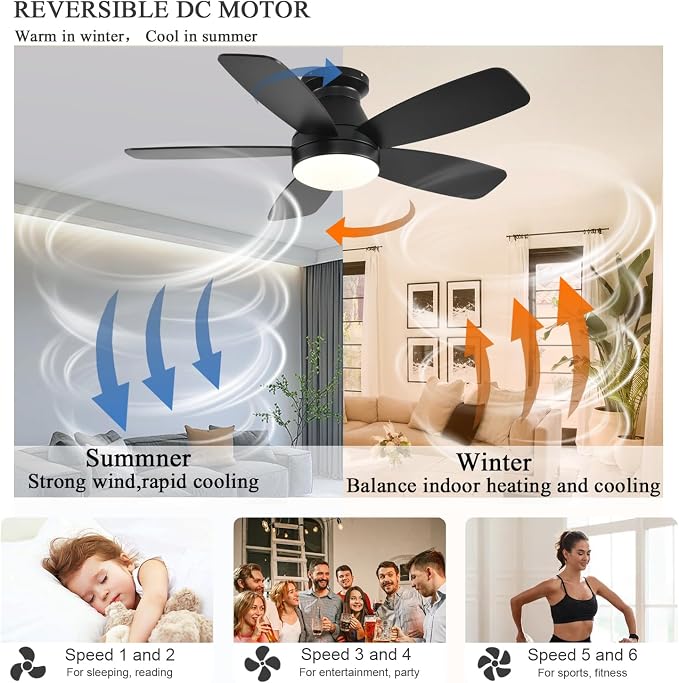JSAITEE Ceiling Fans with Lights, 42 Inch Low Profile Ceiling Fan with Light and Remote/App Control, Flush Mount, Reversible, 3CCT, Dimmable, Noiseless, Black Ceiling Fan for Indoor/Outdoor Use