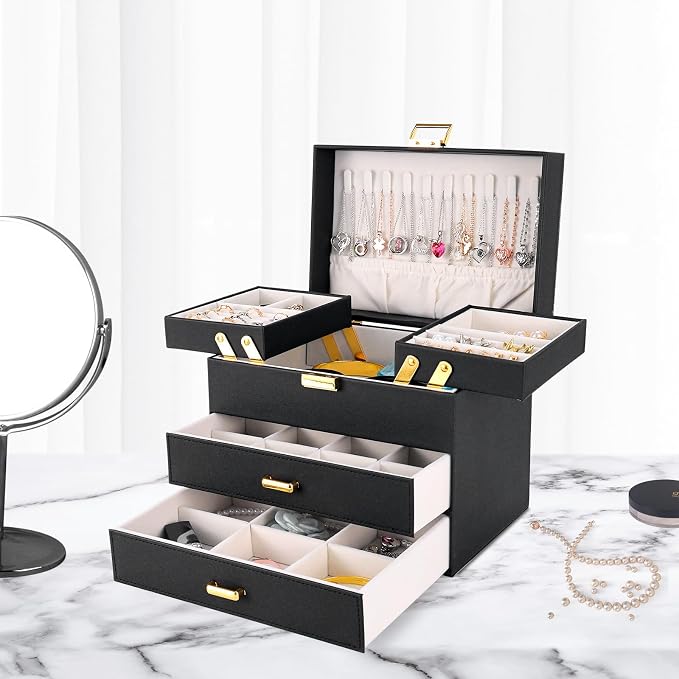 Dajasan Jewelry Organizer Box, Large Jewelry Boxes for Women Girls, Space-Saving 4 Layers Jewelry Storage Case with Drawer, Movable Metal Stand, Modern, Gift Idea (Black + Gold)
