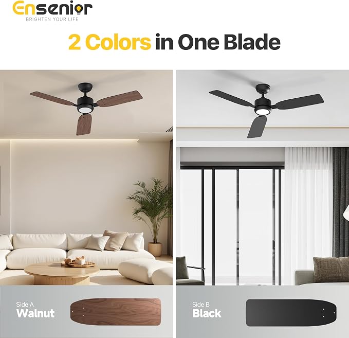Ensenior 52 Inch Ceiling Fan with Light and Remote, Modern Black Ceiling Fans with 3 Reversible Wood Blades, Quiet DC Motor, 6-Speed, Memory Function, Farmhouse Ceiling Fan for Bedroom Living Room