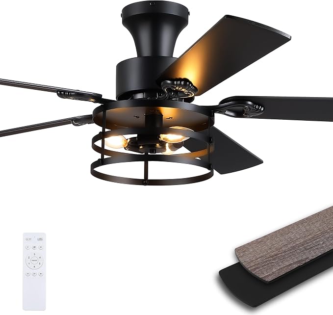 JSAITEE 52" Farmhouse Flush Mount Ceiling Fans with Lights, No Bulbs | Cage Fan Light with Dual-Sided Blades, 6 Speeds Reversible DC Motor, Rustic Low Profile Light for Bedroom, Living Room