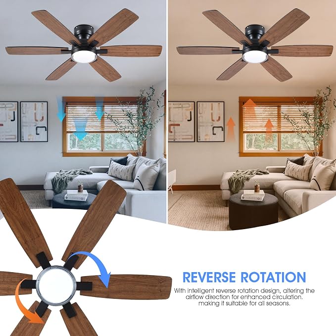 Kviflon 52" Rustic Ceiling Fans with Lights Remote/APP Control, Flush Mount Ceiling Fan with Double Lampshade, 6 Reversible Dual Fan Blades, 3 CCT Dimmable LED Lights for Living Room Farmhouse, Brown