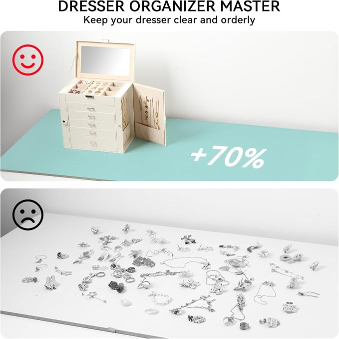 Frebeauty 6-Layer Jewelry Box for Women,Large Jewelry Organizer with Drawer | Faux Leather,Built-in Mirror,Spacious Jewelry Storage,16 Necklace Hooks,Organizing by Category for Rings Earrings Bracelet