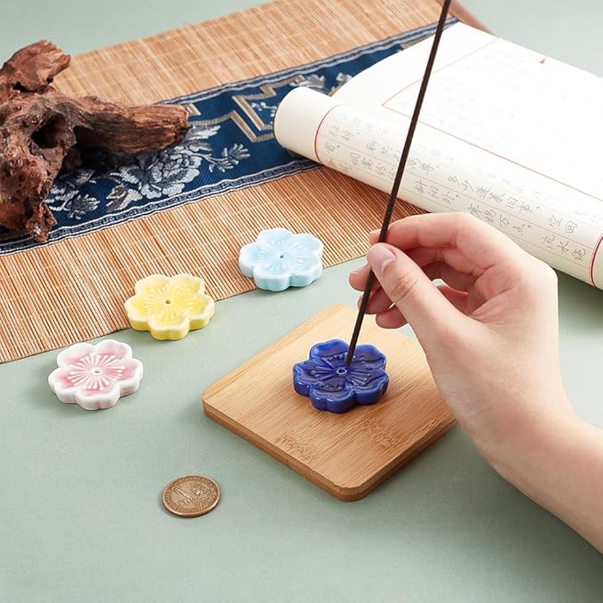 OLYCRAFT 4pcs Cherry Blossom Ceramic Incense Stick Holder 1.8x1.9 Inch Porcelain Sakura Incense Holder 8mm Thick Japanese Flower Incense Stick Tray Incense Burner Holder for Home Desktop Decor-4 Color