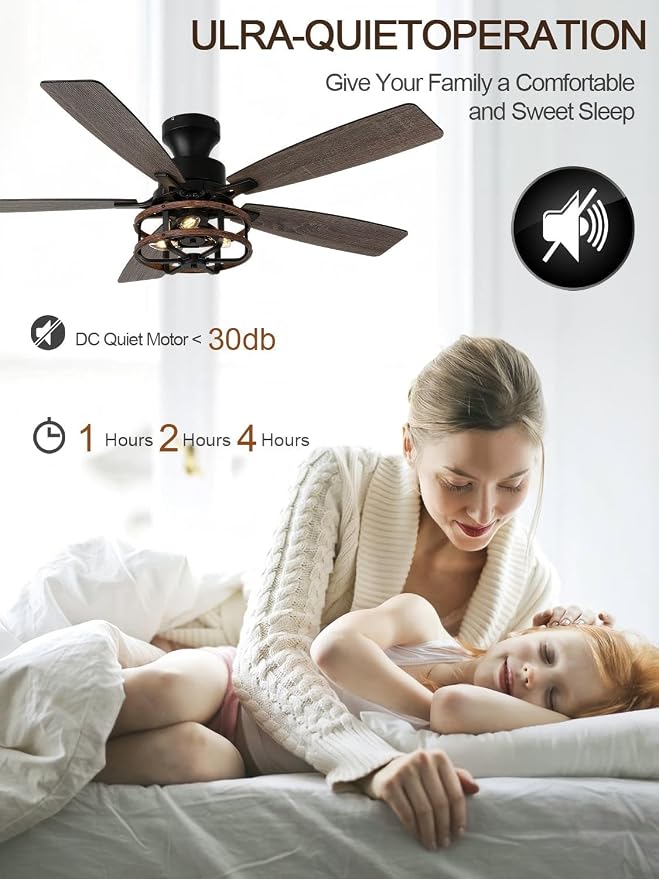 52" Farmhouse Rustic Ceiling Fan with Lights Remote Flush Mount | Rustic Caged Fandelier Low Profile Chandelier, for Bedroom Living Room, 5 Dual Blades Quiet Reversible DC Motor 6 Speeds