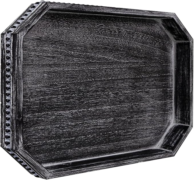 CedarLux Decorative Coffee Table Serving Tray, Long Octagonal Black Wood Tray with Wooden Bead, Farmhouse Big for Ottoman Table, Countertop, Home Decor, 16.5"x13"x1.6" (Retro Black)