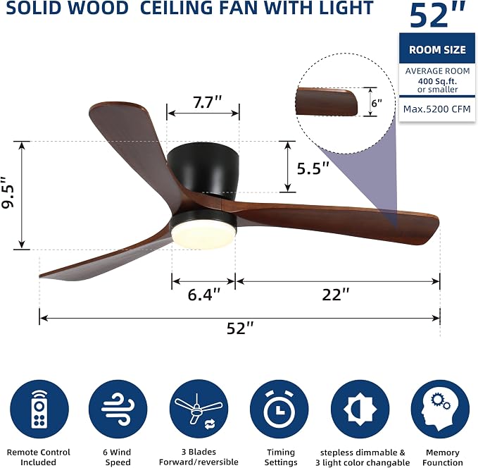 Ceiling Fans with Lights and Remote Control, 52 Inch Solid Wood Blade, Low Profile Flush Mount, LED Dimmable DC Reversible Modern Ceiling Fans with APP Control for Bedrooms, Living Rooms, Patio, Black