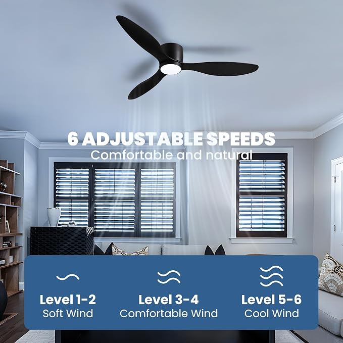 LUDOMIDE Ceiling Fans with Lights,52 Inch Low Profile Ceiling Fan with Wall Control and Remote Control,Dimmable,Flush Mount Ceiling Fan with Noiseless DC Reversible Motor for Bedroom Indoor Use