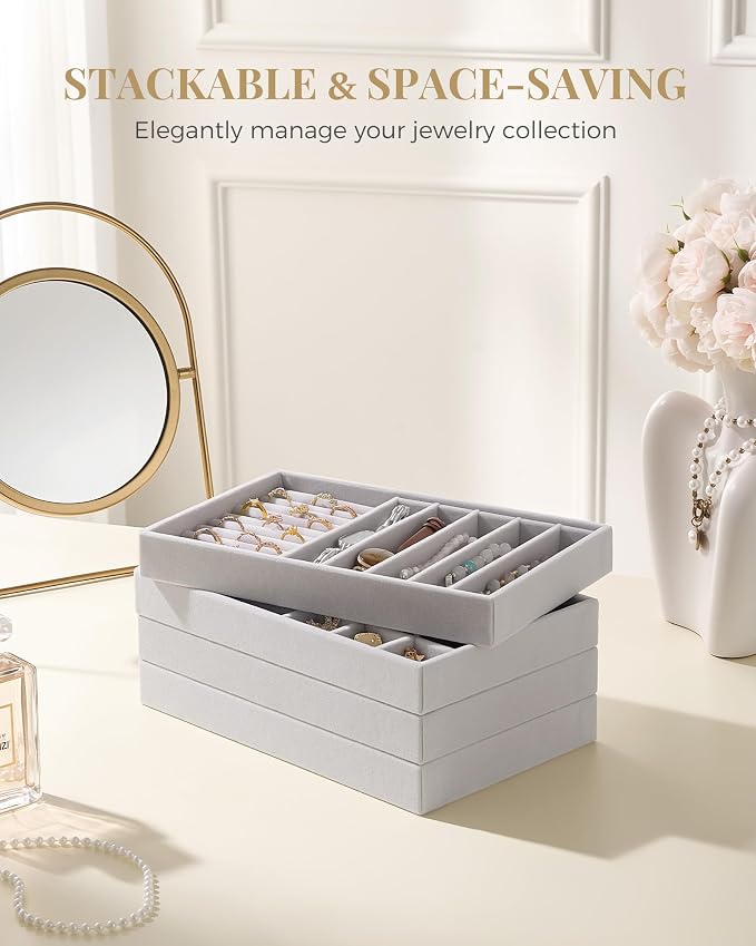 Lolalet Jewelry Drawer Organizer Inserts, Stackable Velvet Tray Jewelry Storage Organizers Set Display Cases for Necklaces Bracelets Earrings Rings Chains Bangles Watches, Grey, Set of 4