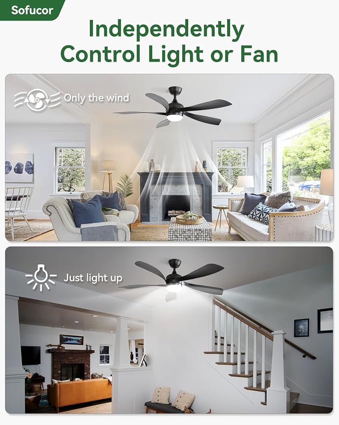 Sofucor 52 Inch Ceiling Fans with Lights and Remote, Outdoor Ceiling Fan with Light 6-Speed 3 CCT 3-Timer, Black Low Profile Ceiling Fan 5 Blade Reversible DC Motor for Living Room Bedroom Patio