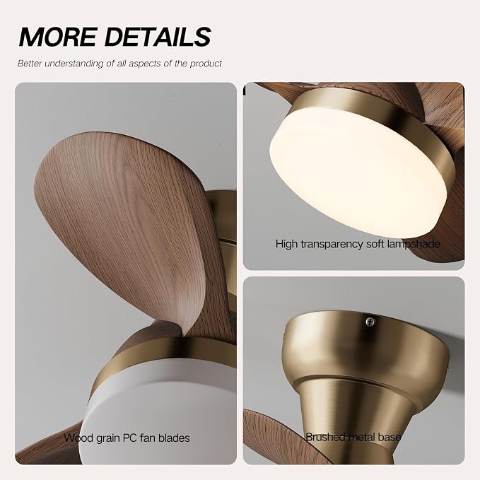 20 Inch Ceiling Fan with Light, 3 Blades Plastic Wood Grain, Brass Small Ceiling Fan with Remote Control, Suitable for Living Room, Dining Room, Bedroom
