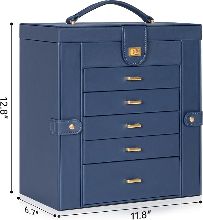 AKOZLIN 6-Tier Jewelry Box Organizer Functional 5 Drawers Leather Jewelry Storage Case for Women Girls Ring Necklace Earring Bracelet Holder Organizer with Mirror Extra Large Blue