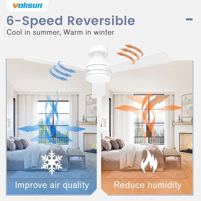 VOLISUN Ceiling Fans with Lights Flush Mount, 42 inch Low Profile Ceiling Fan with Light and Remote, Queit & Reversible Motor,3CCT, Dimmable, White Modern Ceilings Fans for Bedroom, Living Room