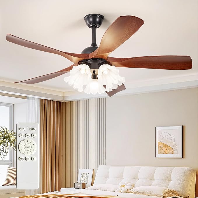 Ceiling Fans with Lights and Remote: 46-Inch Ceiling Fan 5 Blades Flower Low Profile Outdoor - Walnut Ceiling Fans with Remote Control Quiet Reversible DC Motor for Living Room