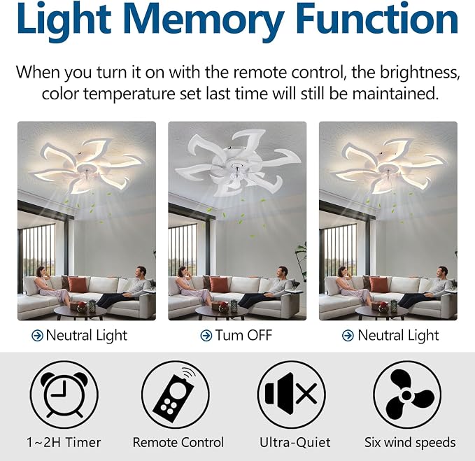 Dalouguan Modern Ceiling Fan with Lights Remote Control, 32" White 6 Speeds 3 Light Color Low Profile Flush Mount Ceiling Fan for Kitchen Bedroom