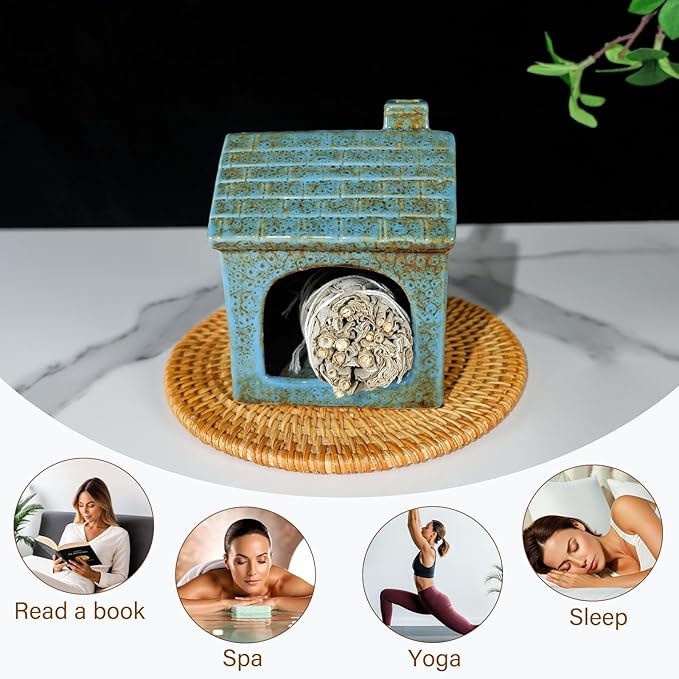 Mougigi Blue House Palo Santo Burner Holder - Ceramic Mini Chiminea with Stable Base for Burning Sage & Incense Cones-Ideal Small Smudge Bowl for Zen Altars, Meditation,Yoga Spaces, Home Decor & Gifts