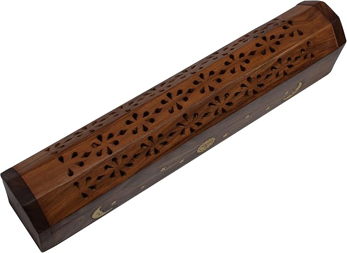 Coffin Style Wood Incense Burner Holder with Sun and Moon Inlays for Incense Sticks and Cones