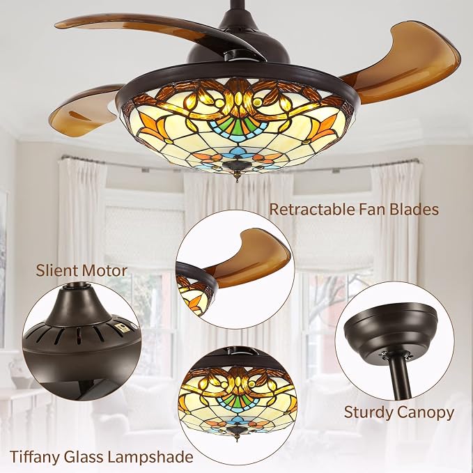 36" Tiffany Style Ceiling Fan with Lights, Remote Control Led Dimmable Fandelier Fixture with 4 Retractable Reverse Blades, Vintage Stained Glass Suit for Bedroom Living Room